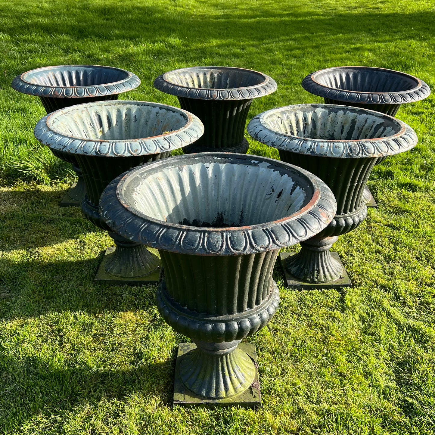 Set of Six Huge French Cast Iron Campana Urns