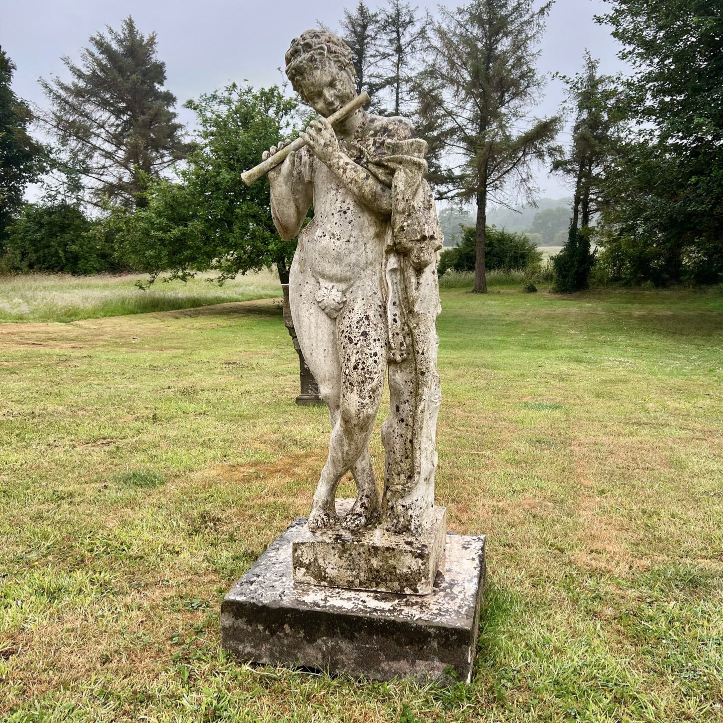 Mid-20th Century Composite Stone Statue of Pan with Stone Plinth