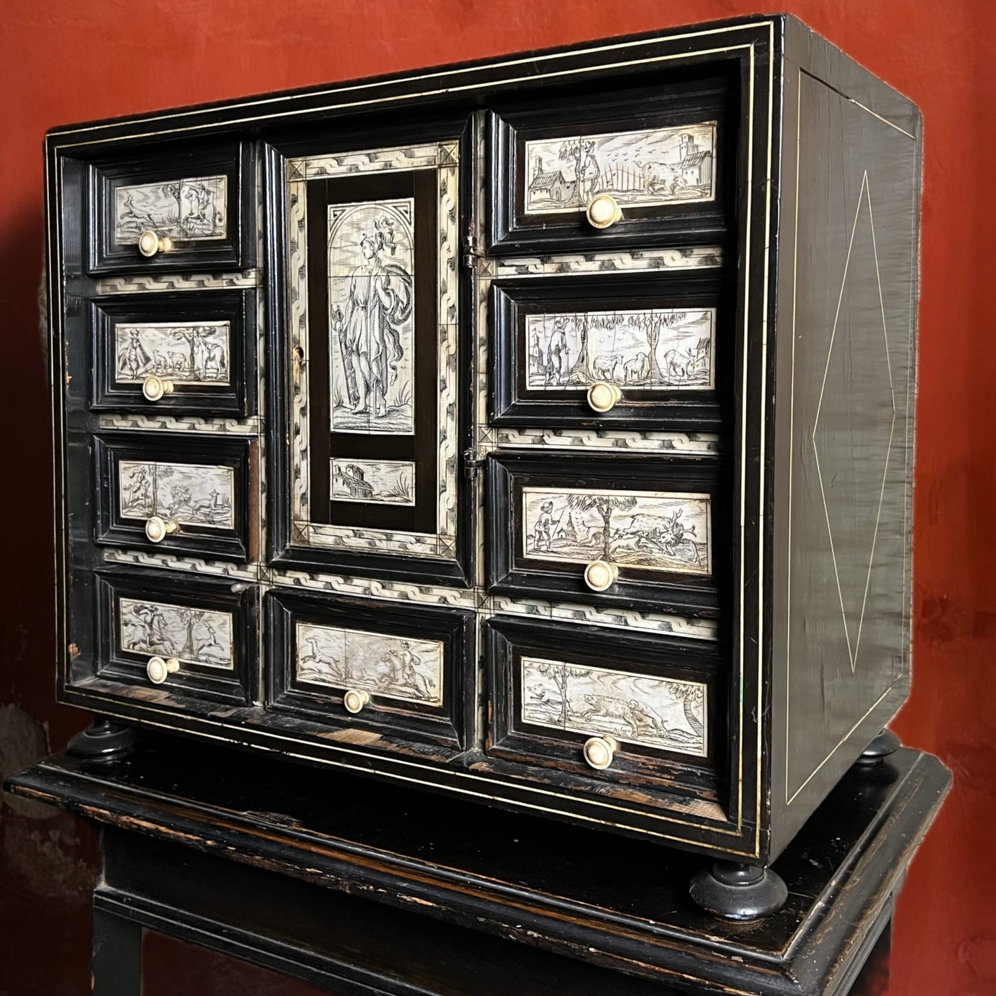 Italian Collector’s Table Cabinet, 17th Century – Ebonised with Ivory Inlay