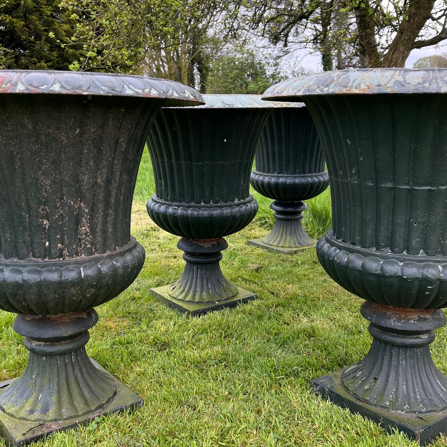 Set of Six Huge French Cast Iron Campana Urns