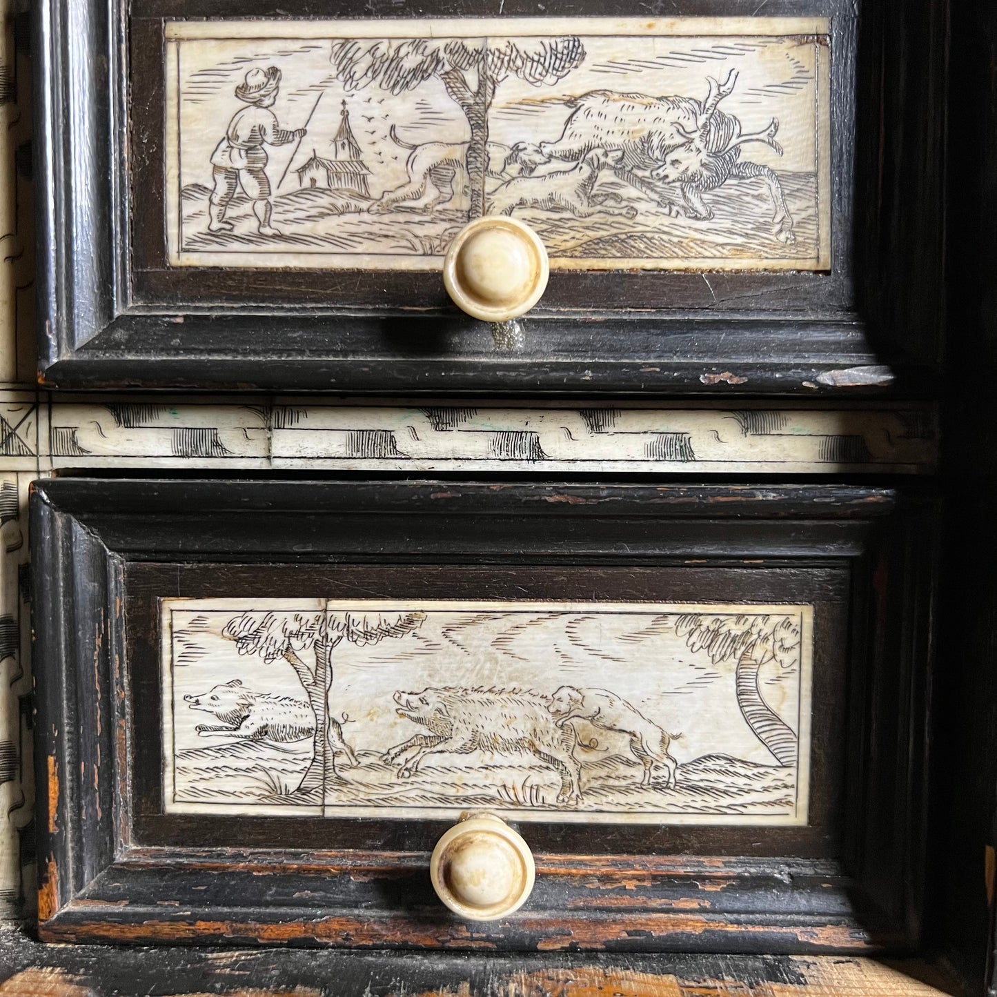 Italian Collector’s Table Cabinet, 17th Century – Ebonised with Ivory Inlay