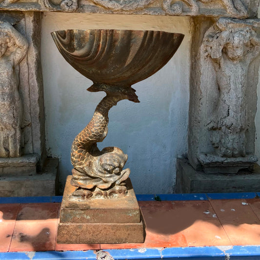 Cast Iron Dolphin and Scallop Shell Fountain Basin Early 20th Century