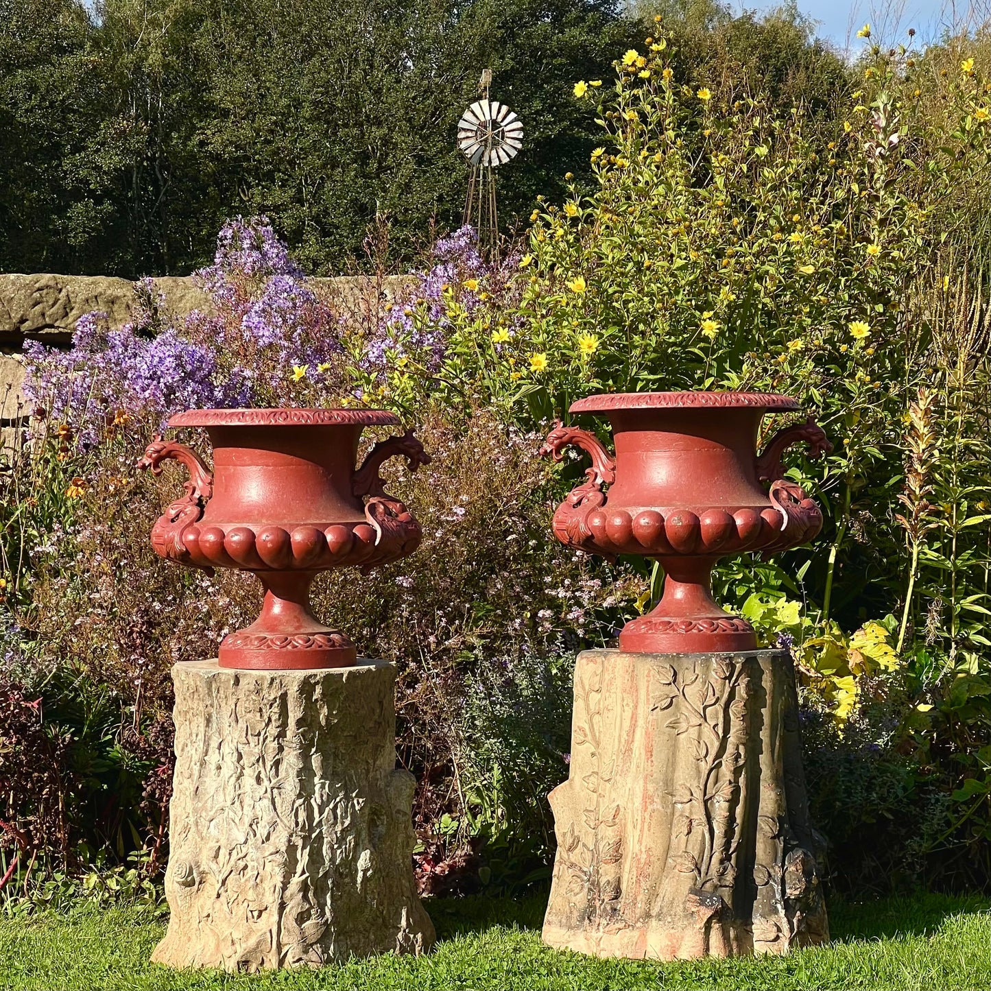 Pair of English Cast-Iron Urns with Dragon Handles