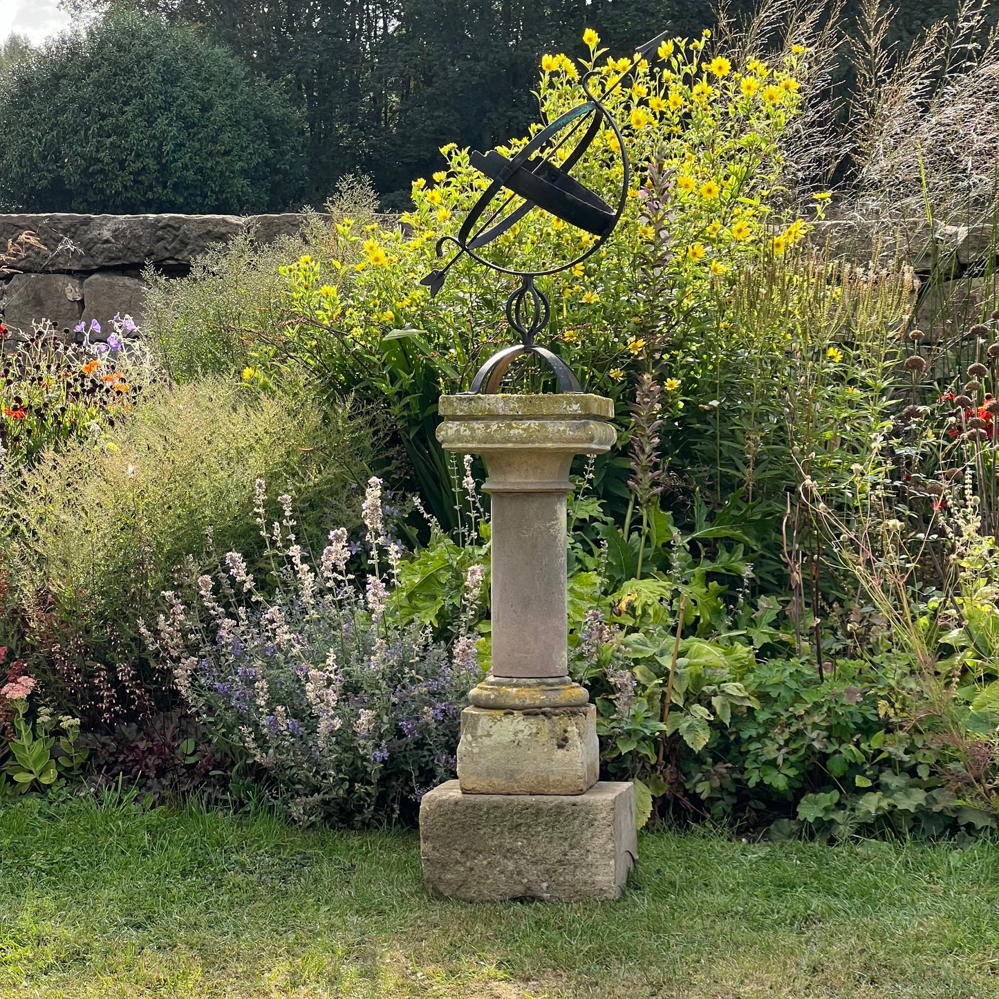 Wrought Iron Armillary Sphere upon English Carved Stone Column