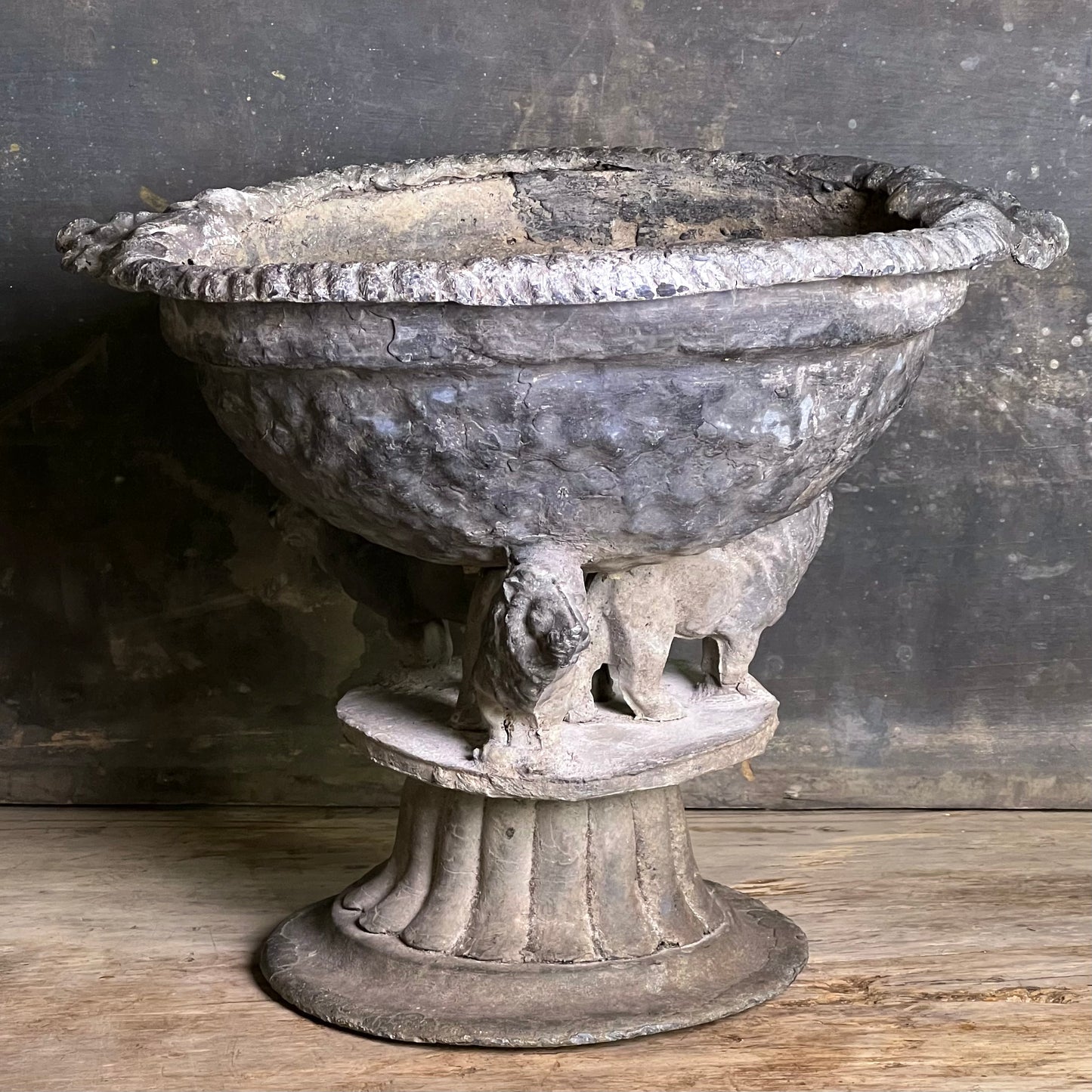 Pair of Georgian Lead Urns with Lion Supports, England c.1820