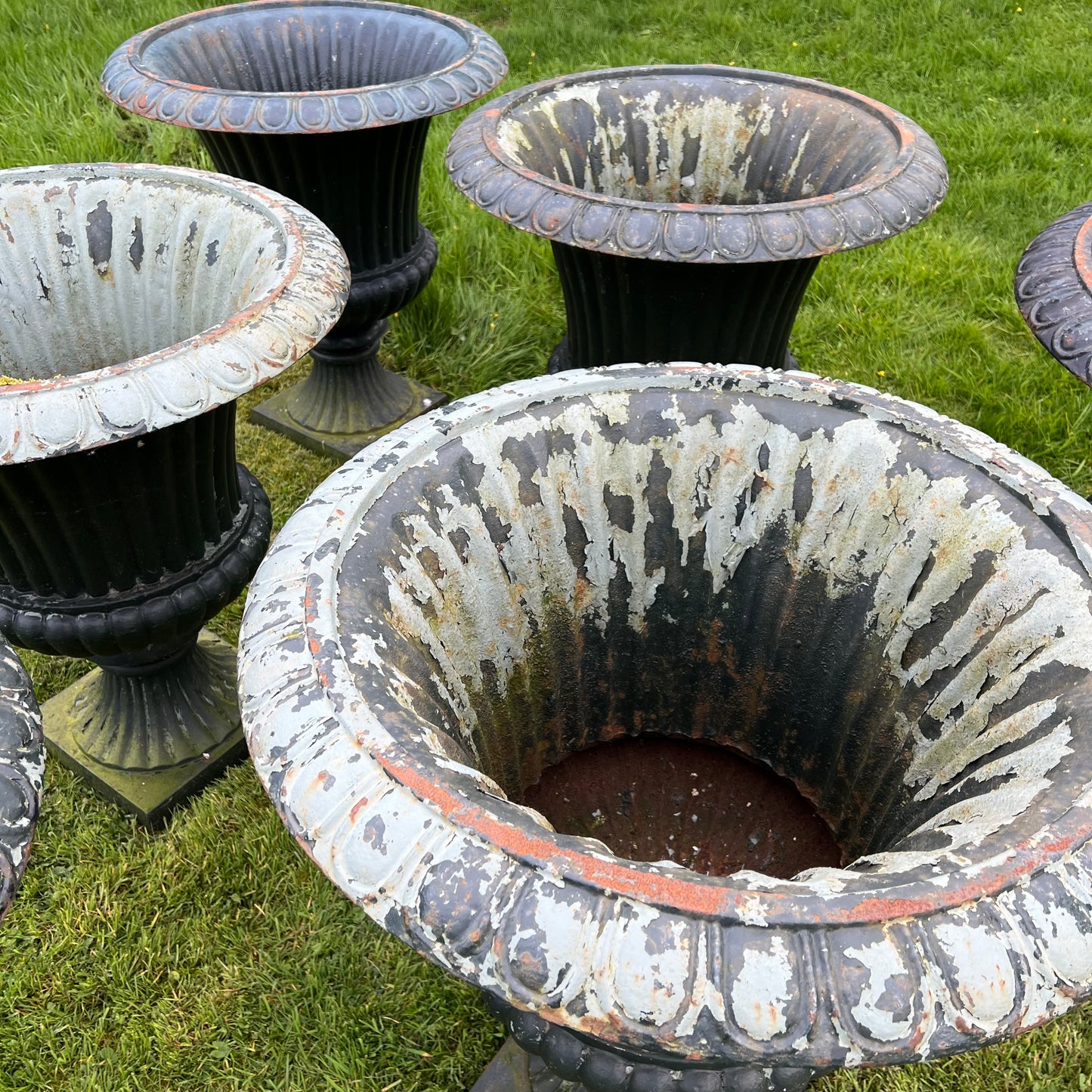 Set of Six Huge French Cast Iron Campana Urns