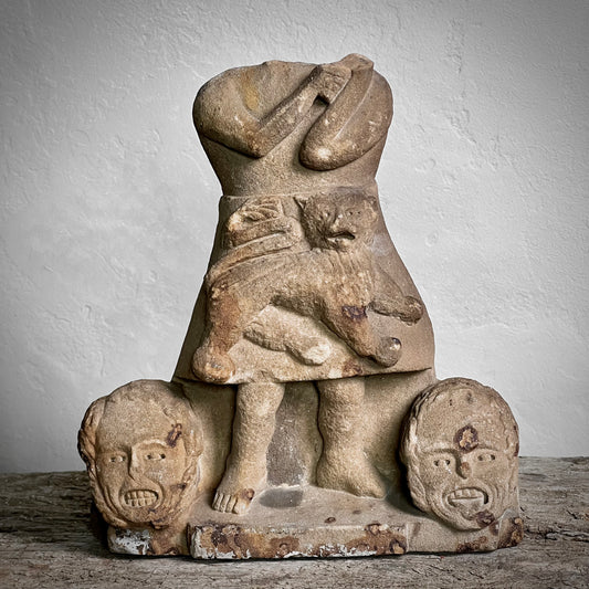 Medieval Sandstone Carving Figure with Lion and Severed Heads 12th–14th Century