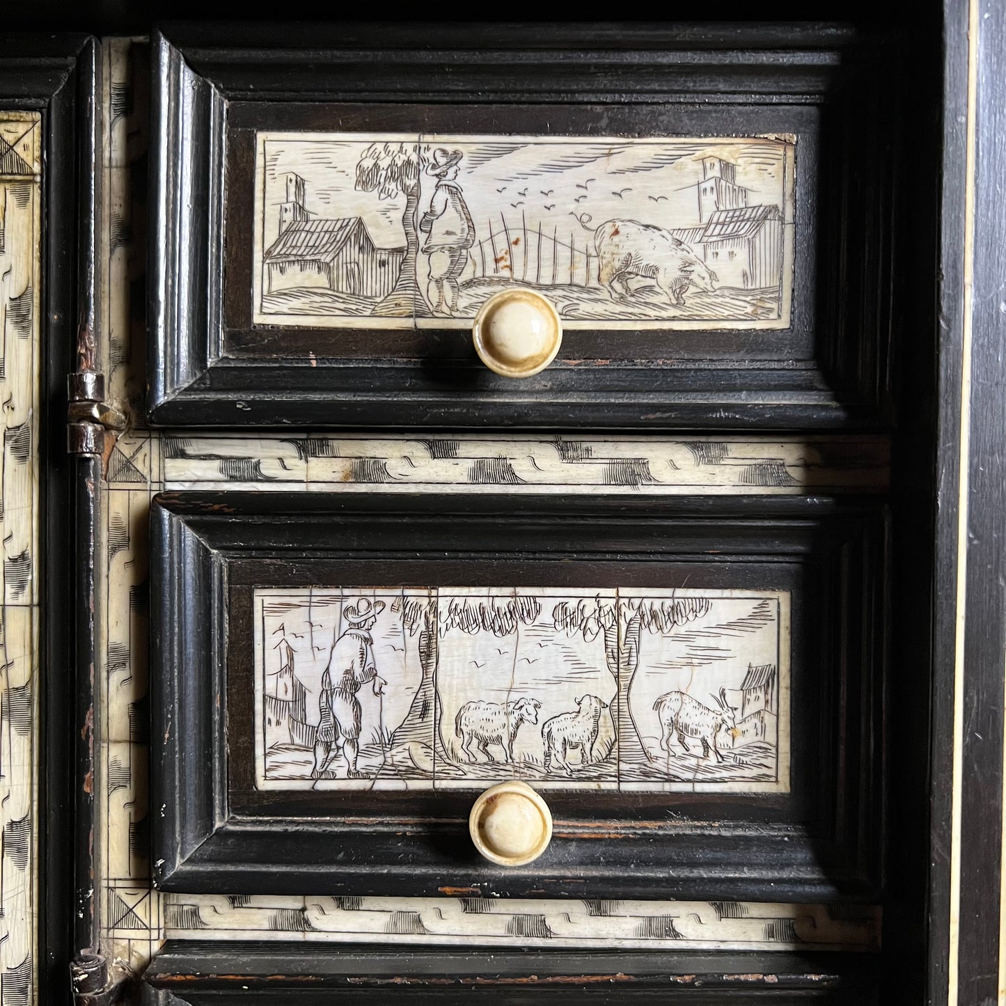 Italian Collector’s Table Cabinet, 17th Century – Ebonised with Ivory Inlay