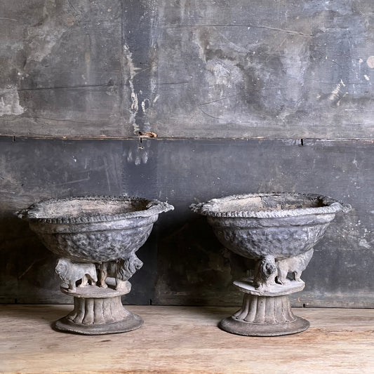 Pair of Georgian Lead Urns with Lion Supports, England c.1820