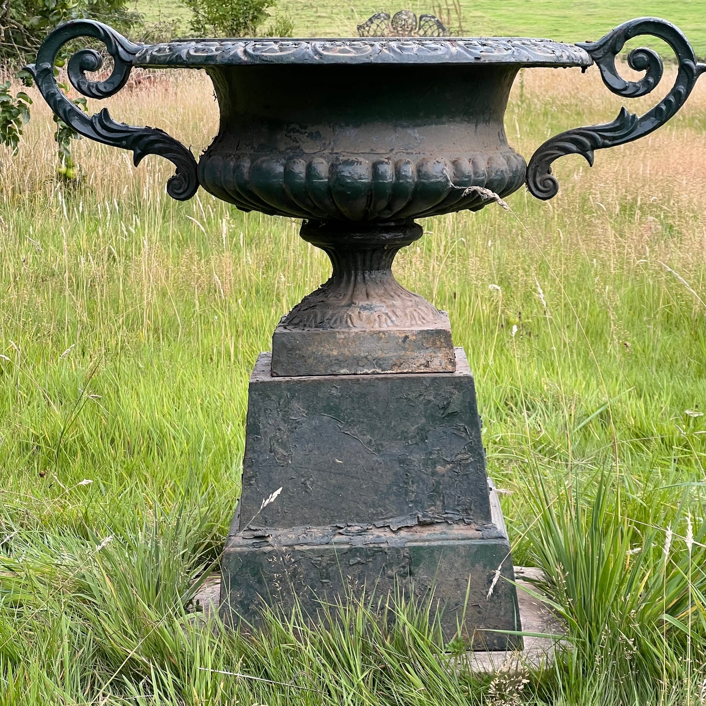 Pair of English Cast Iron Garden Urns with Plinths c.1870