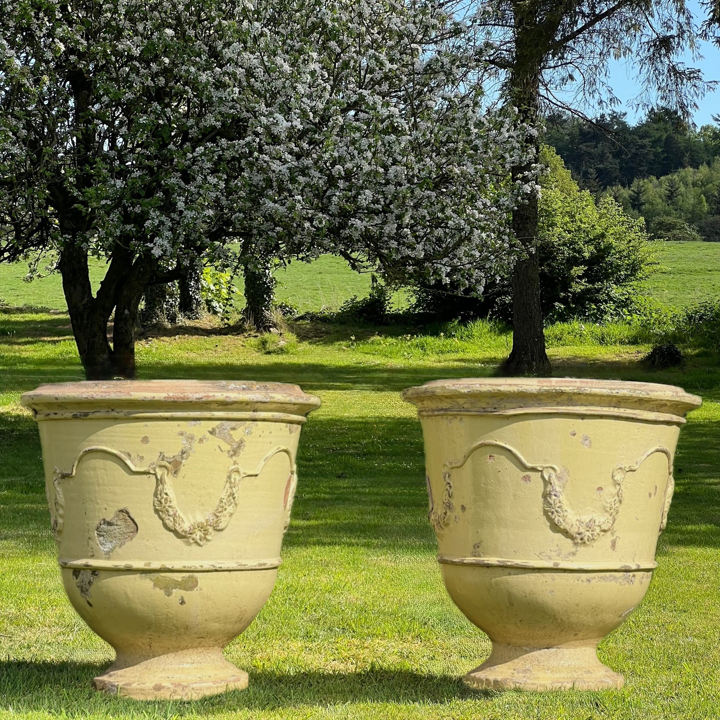 Huge Pair of Cream Glazed Terracotta “Jarre d’Anduze” Urns
