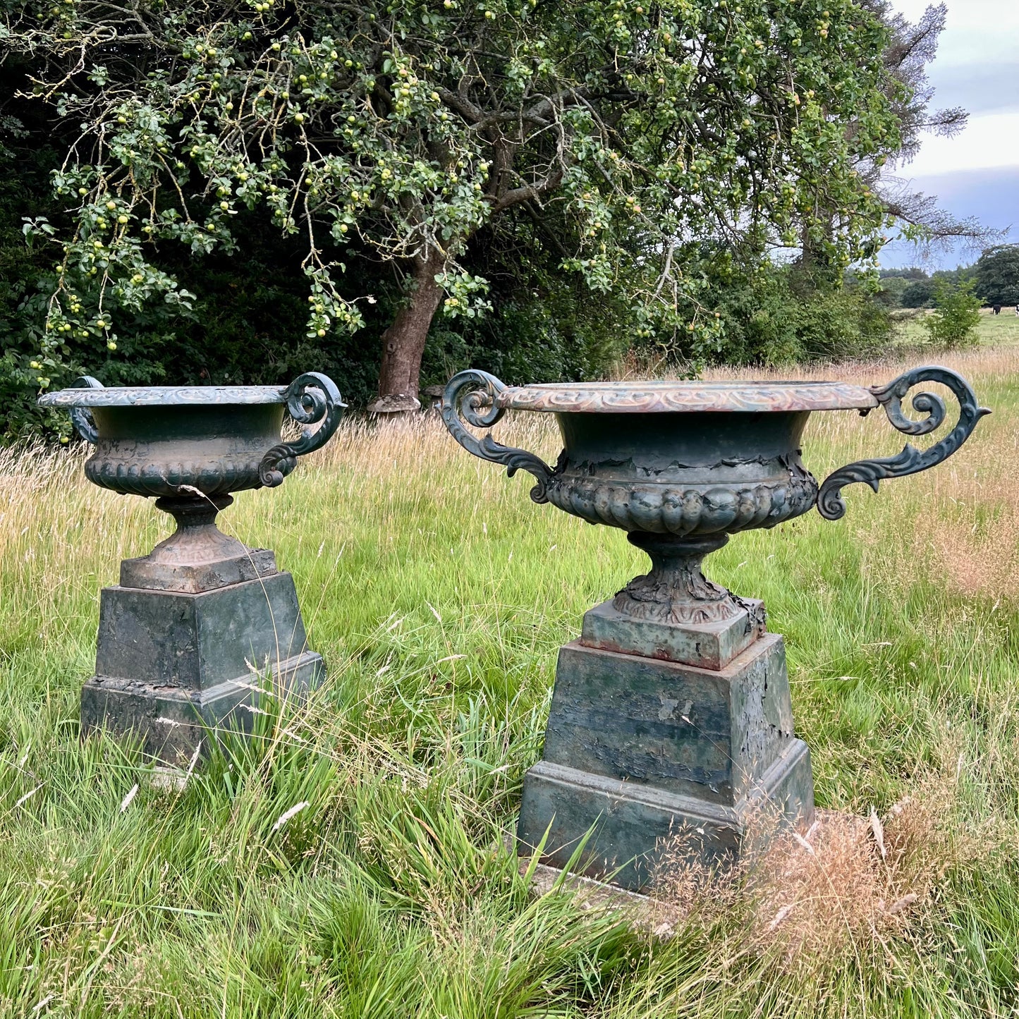 Pair of English Cast Iron Garden Urns with Plinths c.1870