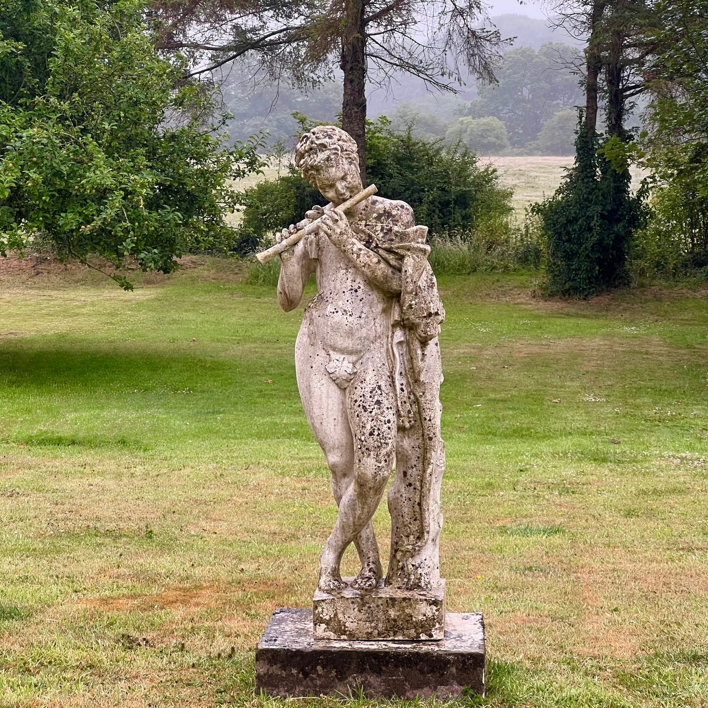 Mid-20th Century Composite Stone Statue of Pan with Stone Plinth