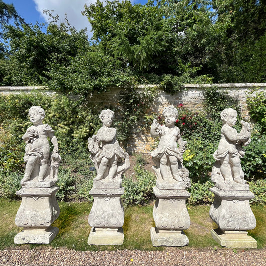 French Limestone Four Seasons Statues with Plinths c. Late 17th/Early 18th Century