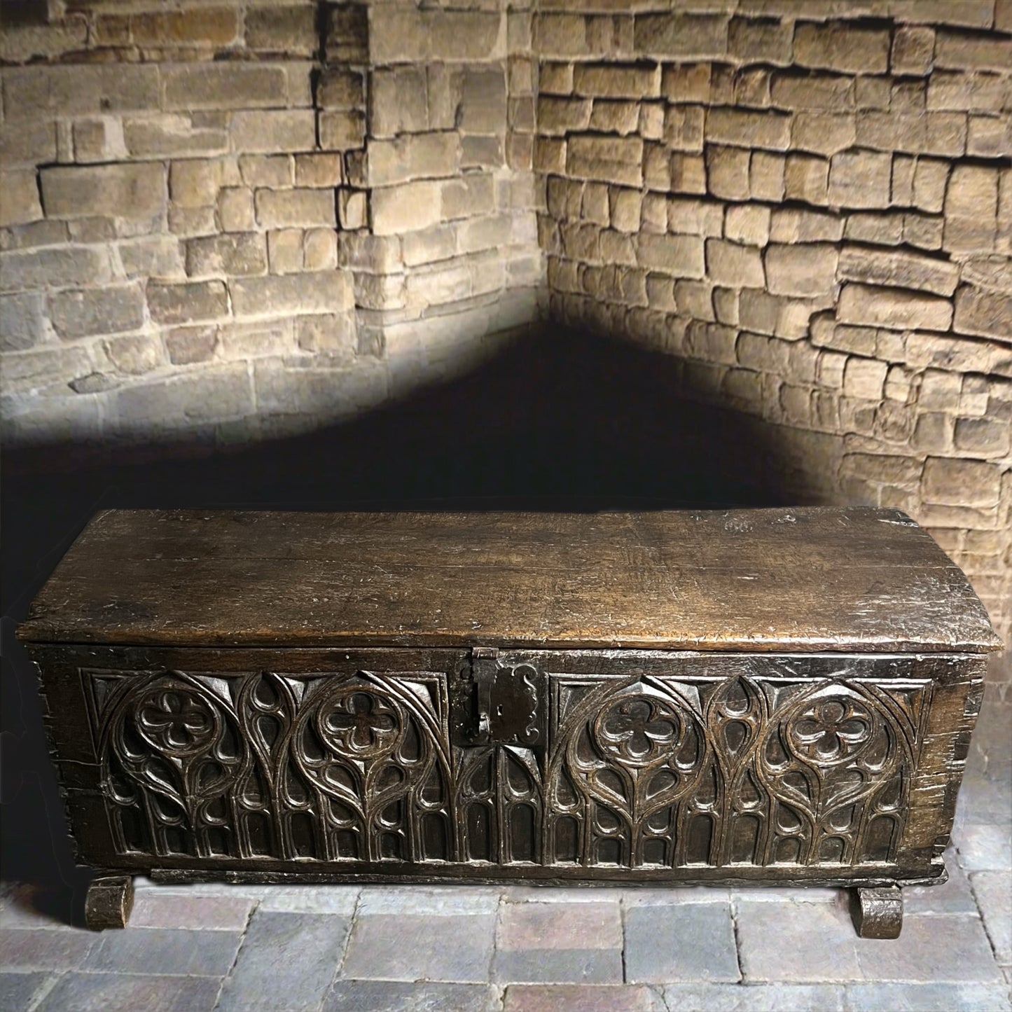 Remarkable English Oak Gothic Coffer c.1480