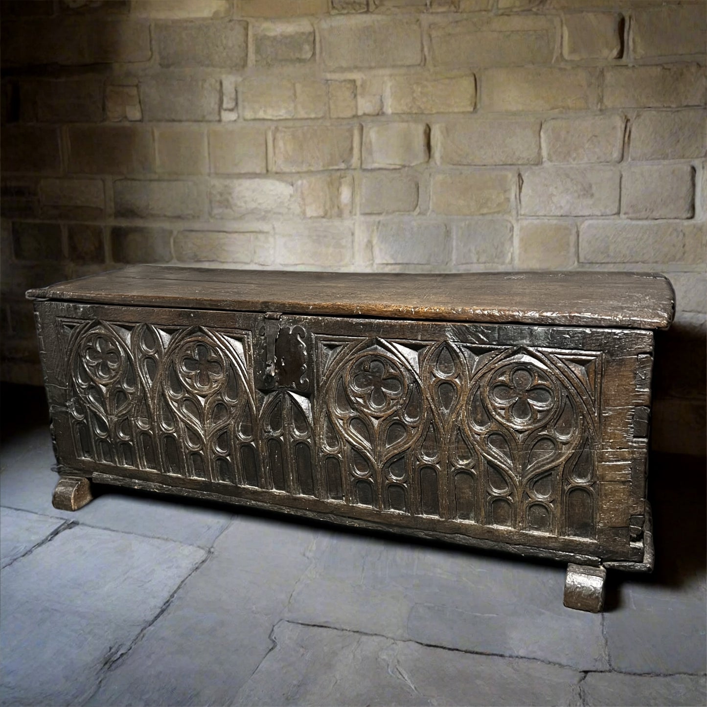 Remarkable English Oak Gothic Coffer c.1480