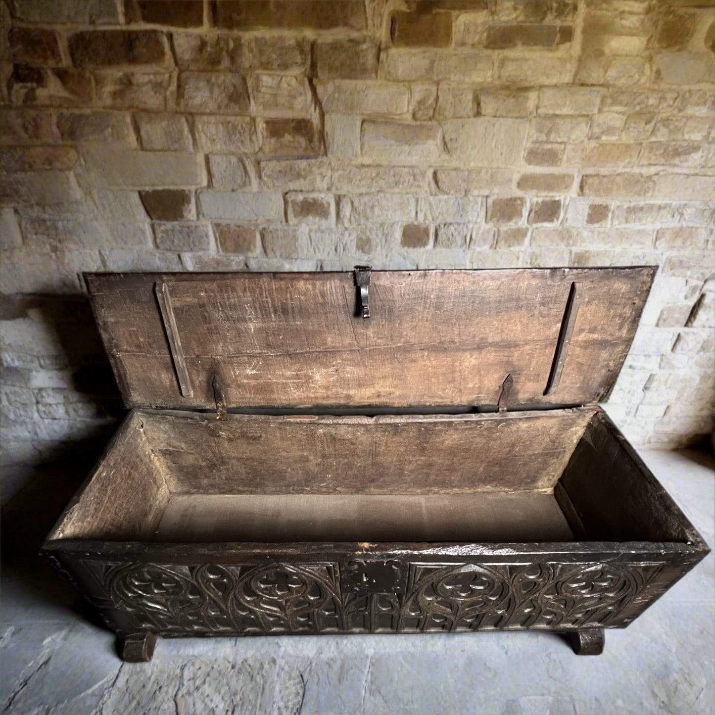 Remarkable English Oak Gothic Coffer c.1480