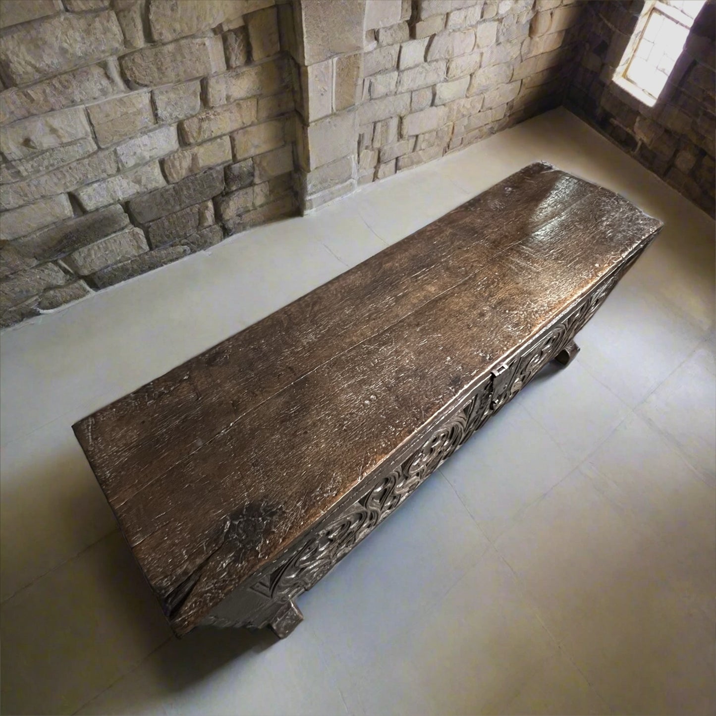 Remarkable English Oak Gothic Coffer c.1480