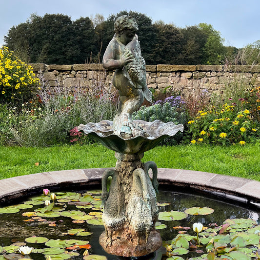 French Bronze Boy Holding Carp Fountain