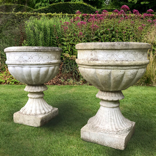 Pair of Carved White Marble Urns