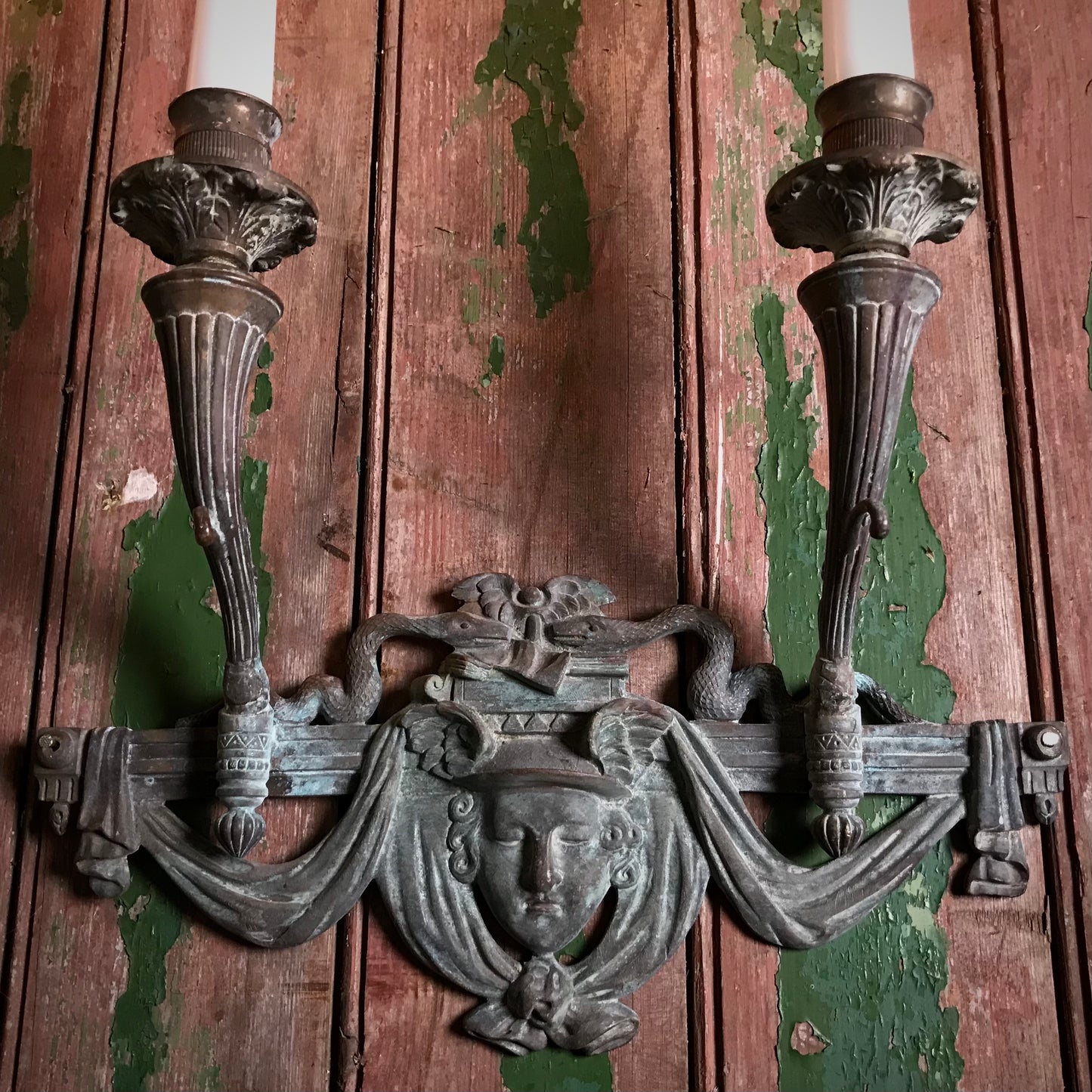 French Verdigris Bronze Mercury Wall Sconces