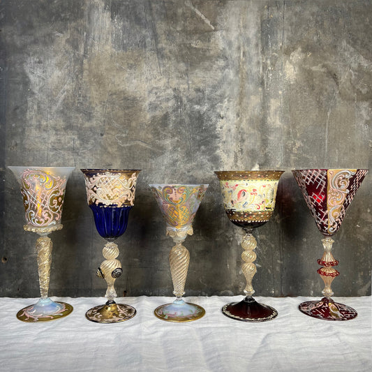 Stunning Collection of Five Venetian Murano Goblets