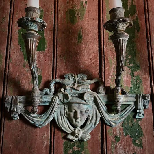 French Verdigris Bronze Mercury Wall Sconces
