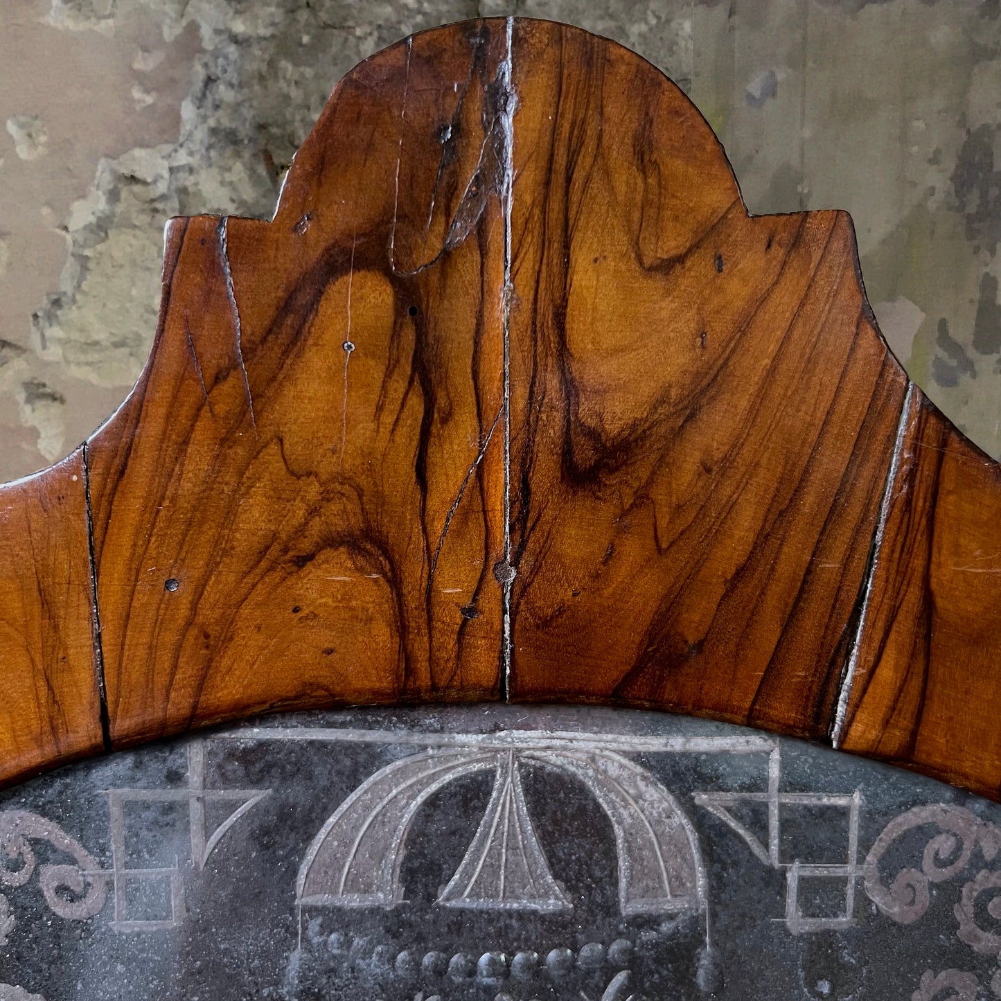 English George II Figured Walnut Mirror with Etched Glass Panel Depicting Daphne c.1740