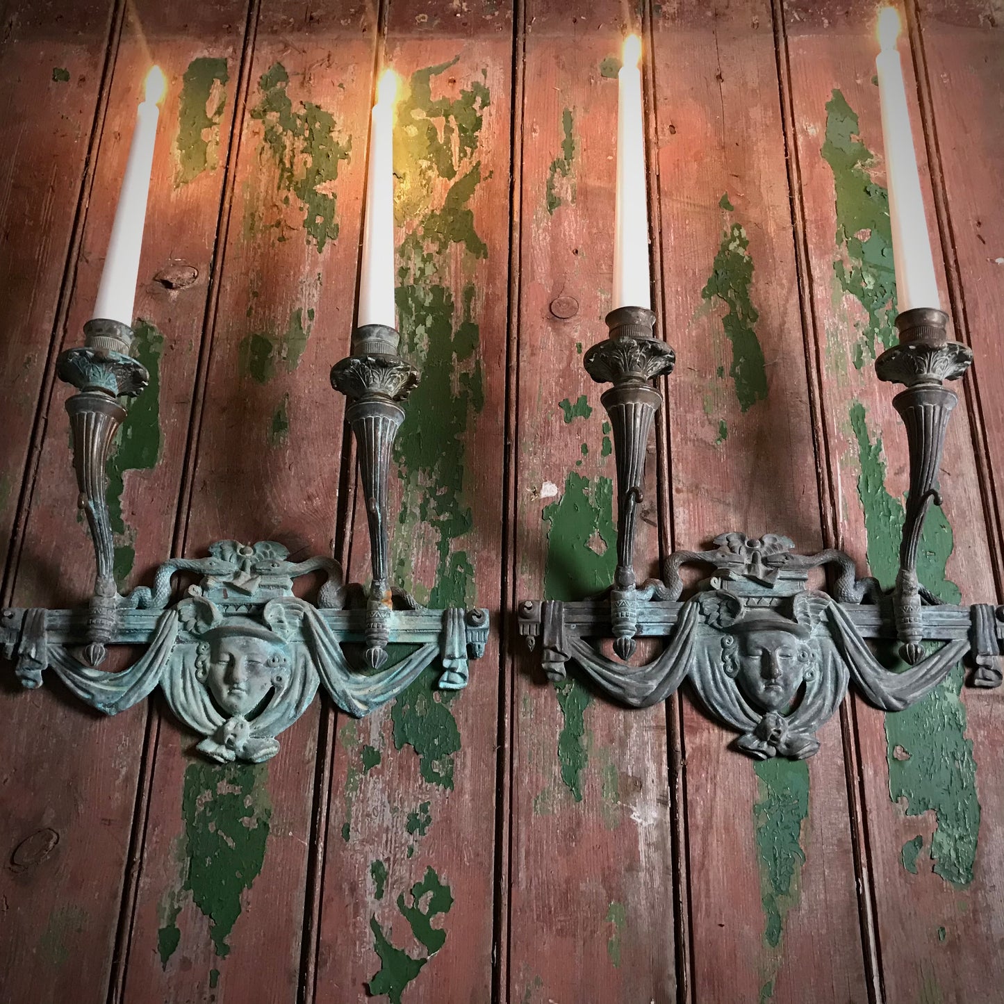 French Verdigris Bronze Mercury Wall Sconces