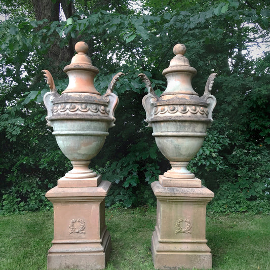 Pair of Huge Italian Terracotta Classical Urns & Plinths