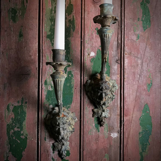 Pair of Verdigris Bacchus Wall Sconces