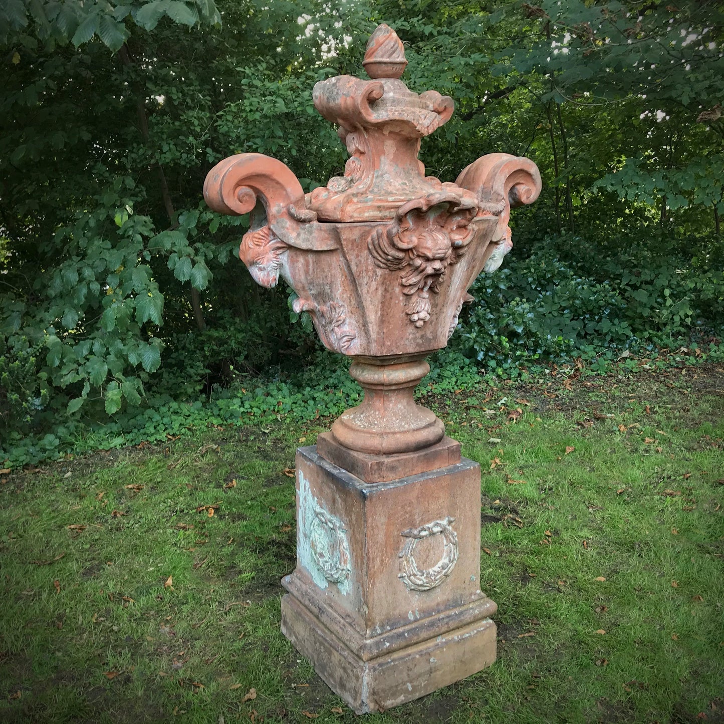 Allegorical Italian Terracotta Urn and Plinth