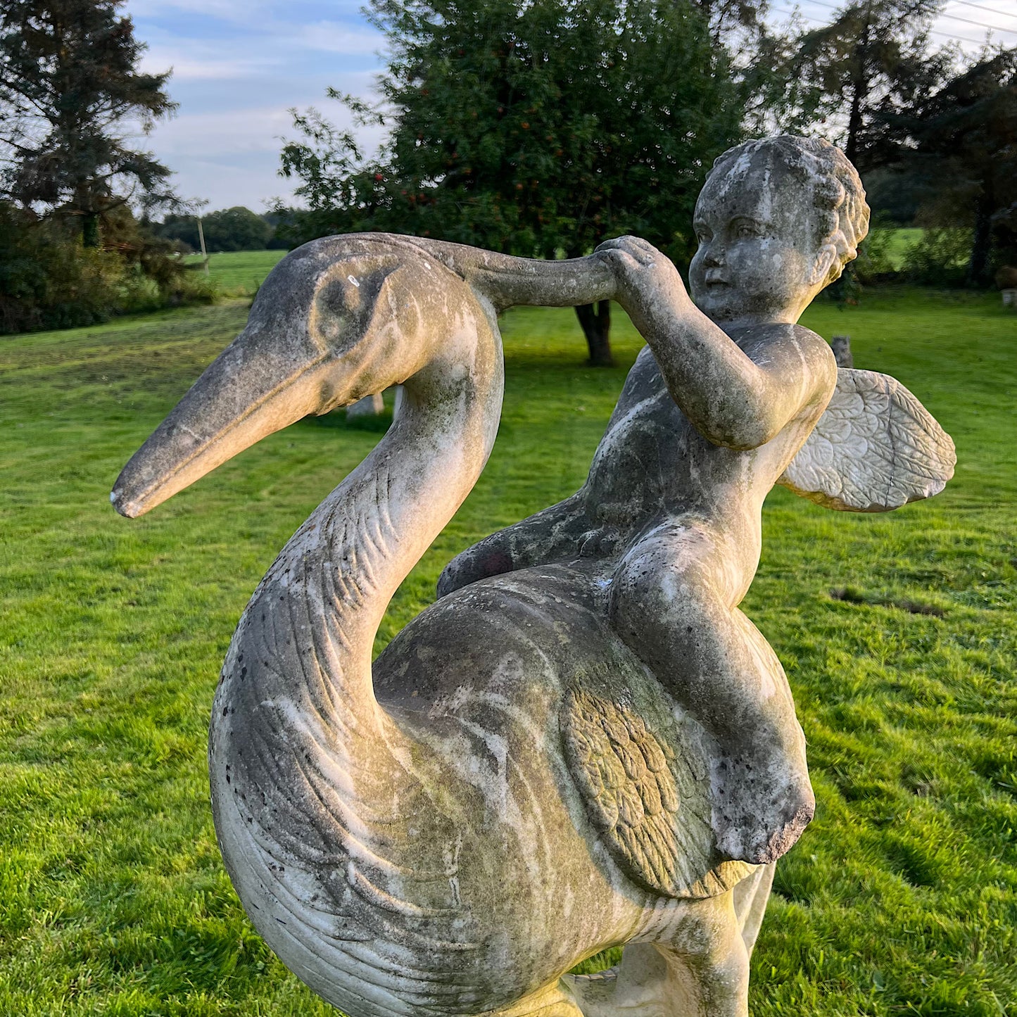 Large Marble Winged Cupid & Stork Statue Mid 20th Century