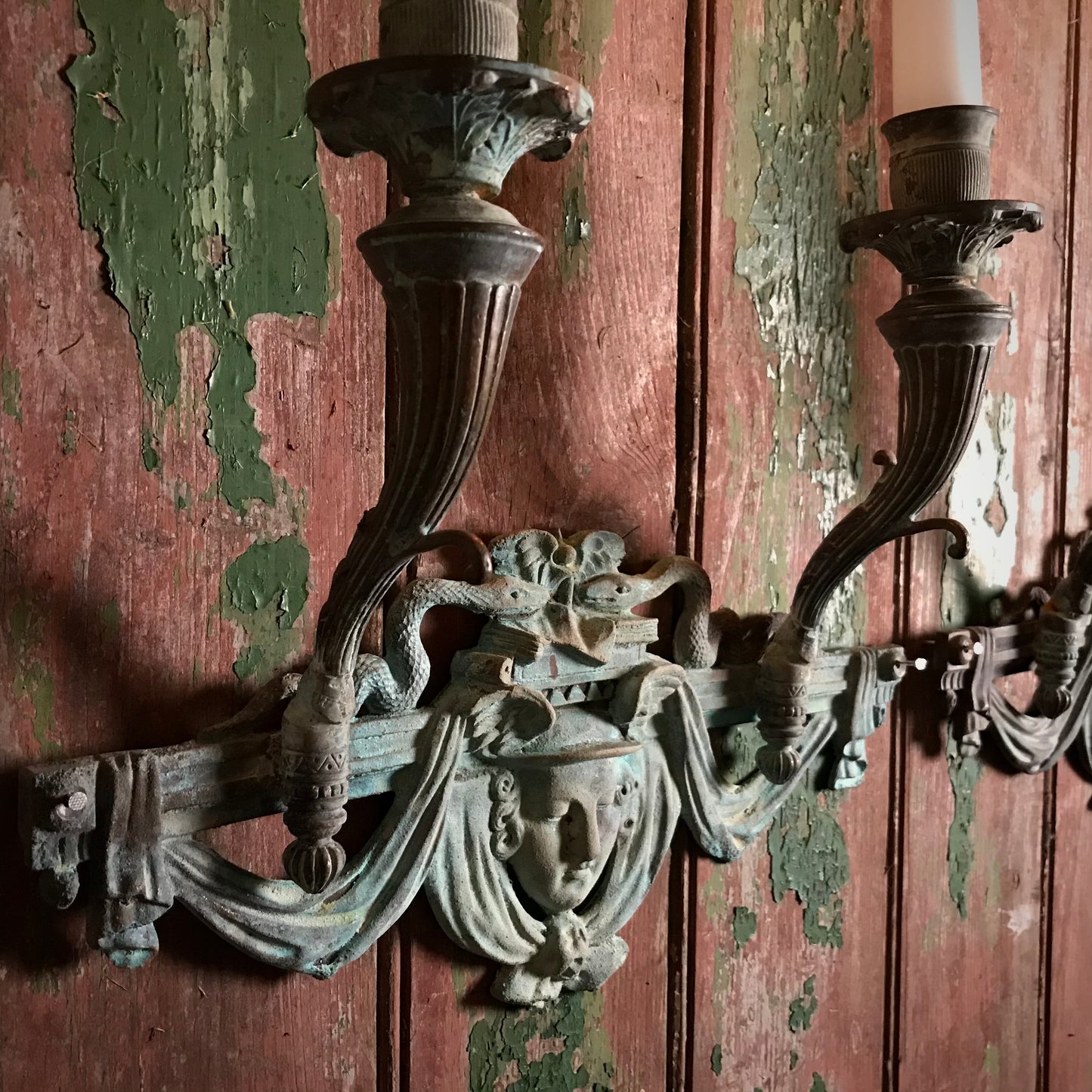 French Verdigris Bronze Mercury Wall Sconces