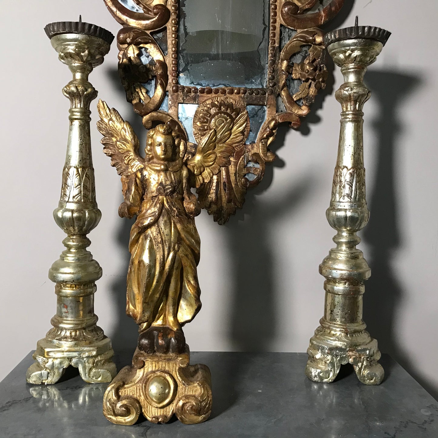 Pair of Early Silver Gilt Italian Candlesticks