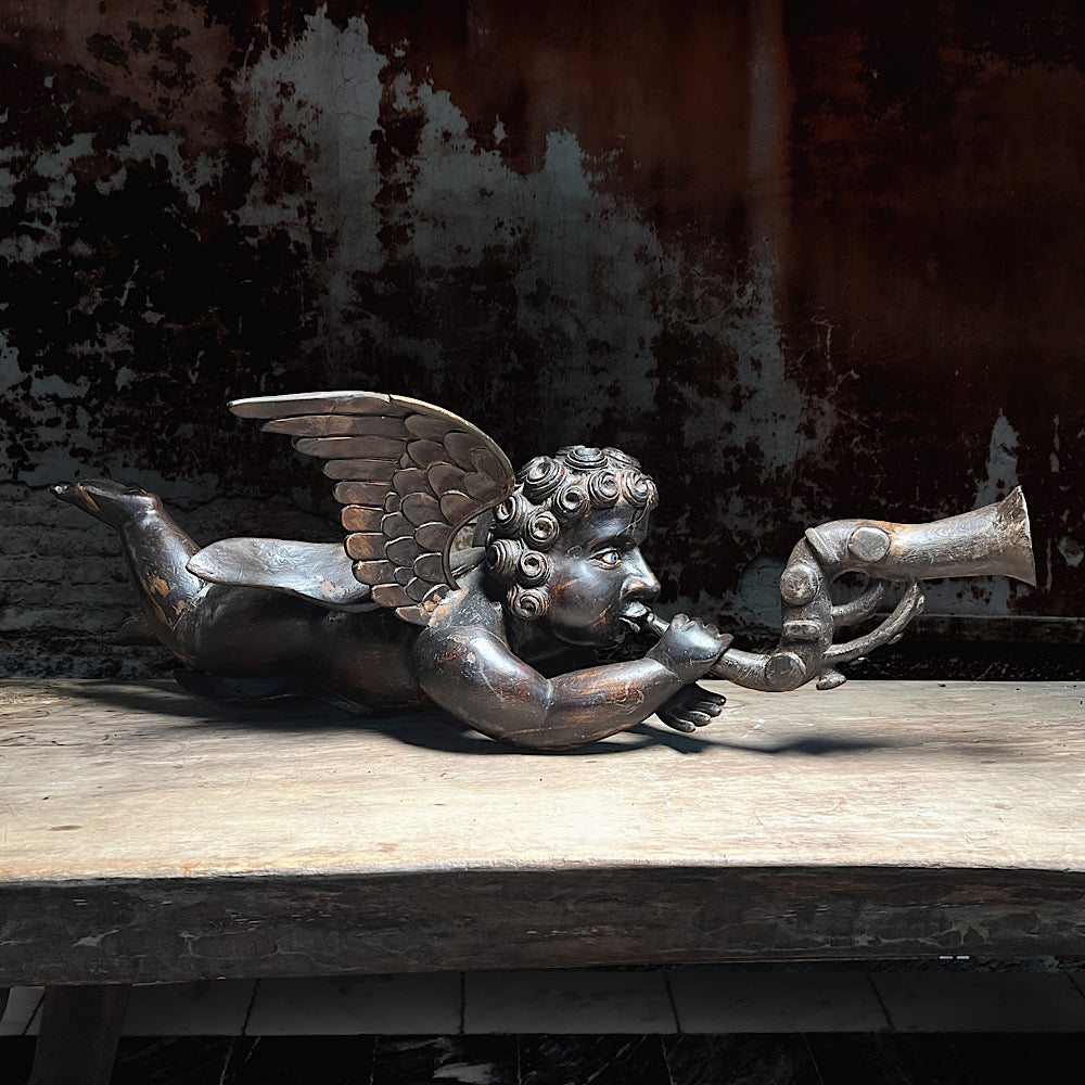 A Huge Pair of Heralding Horn-blowing Angels c.18th Century.