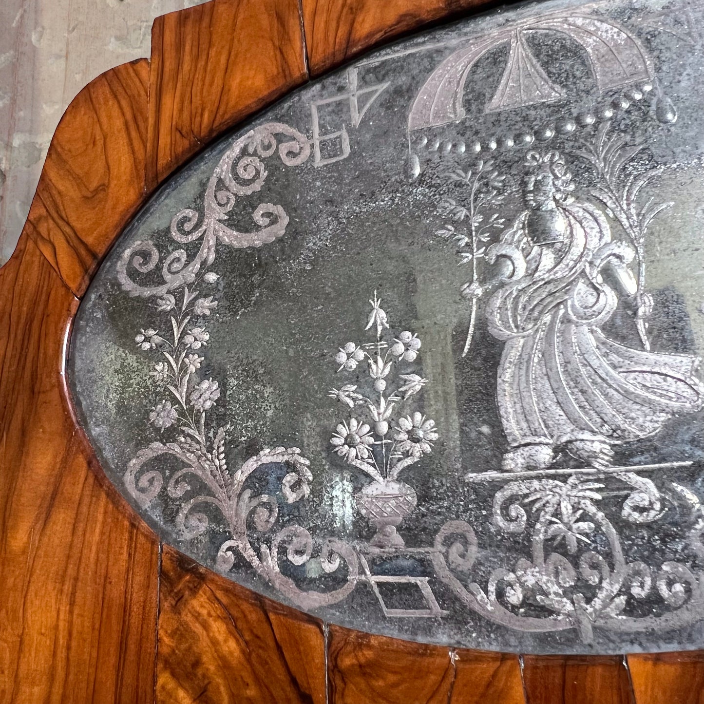 English George II Figured Walnut Mirror with Etched Glass Panel Depicting Daphne c.1740