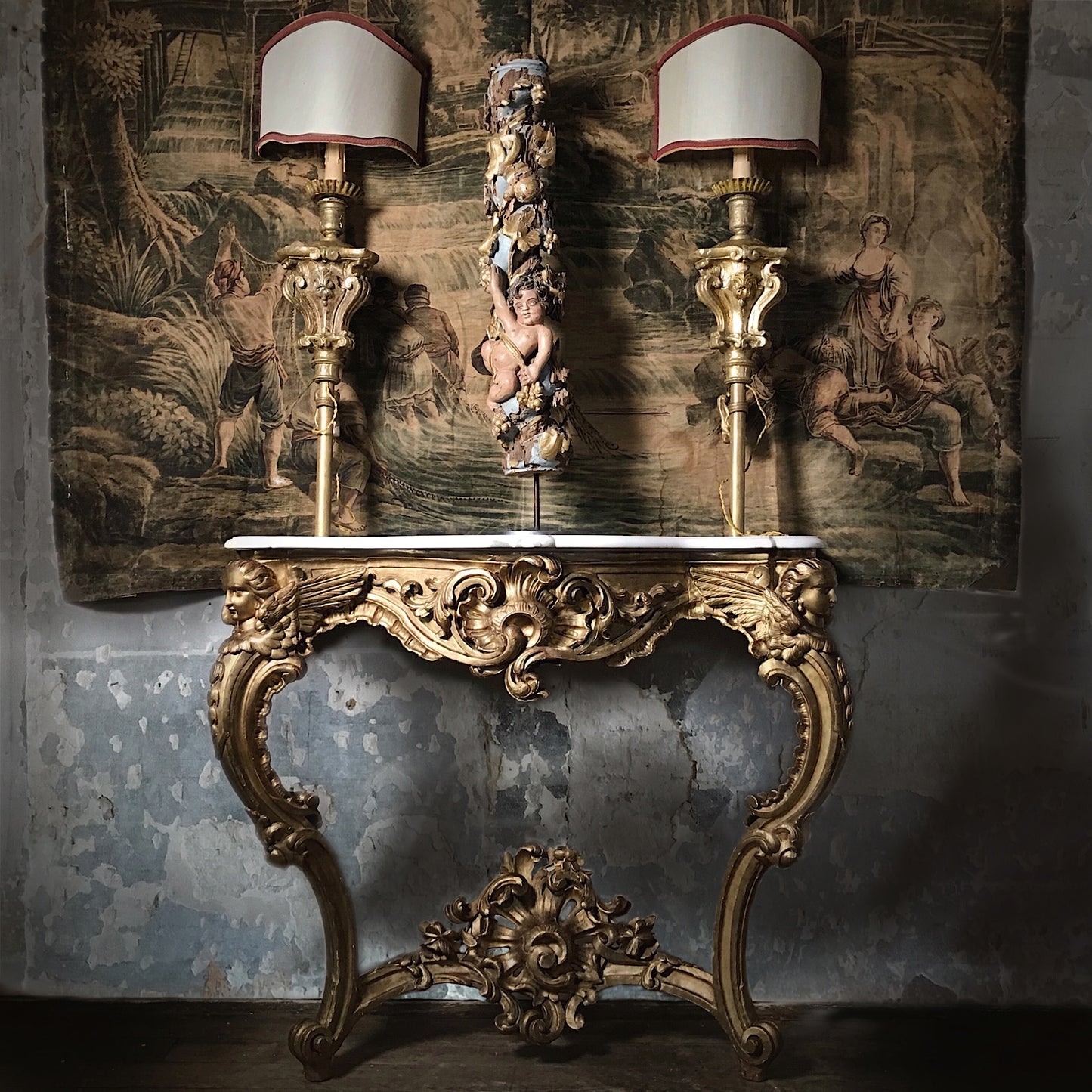 Large French Louis XV Style Giltwood Angel Console Table c.19th Century