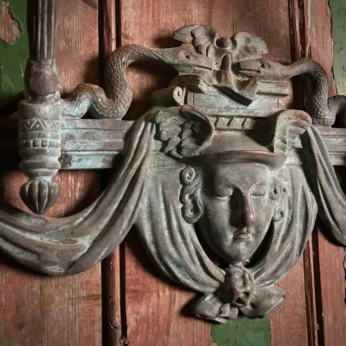 French Verdigris Bronze Mercury Wall Sconces