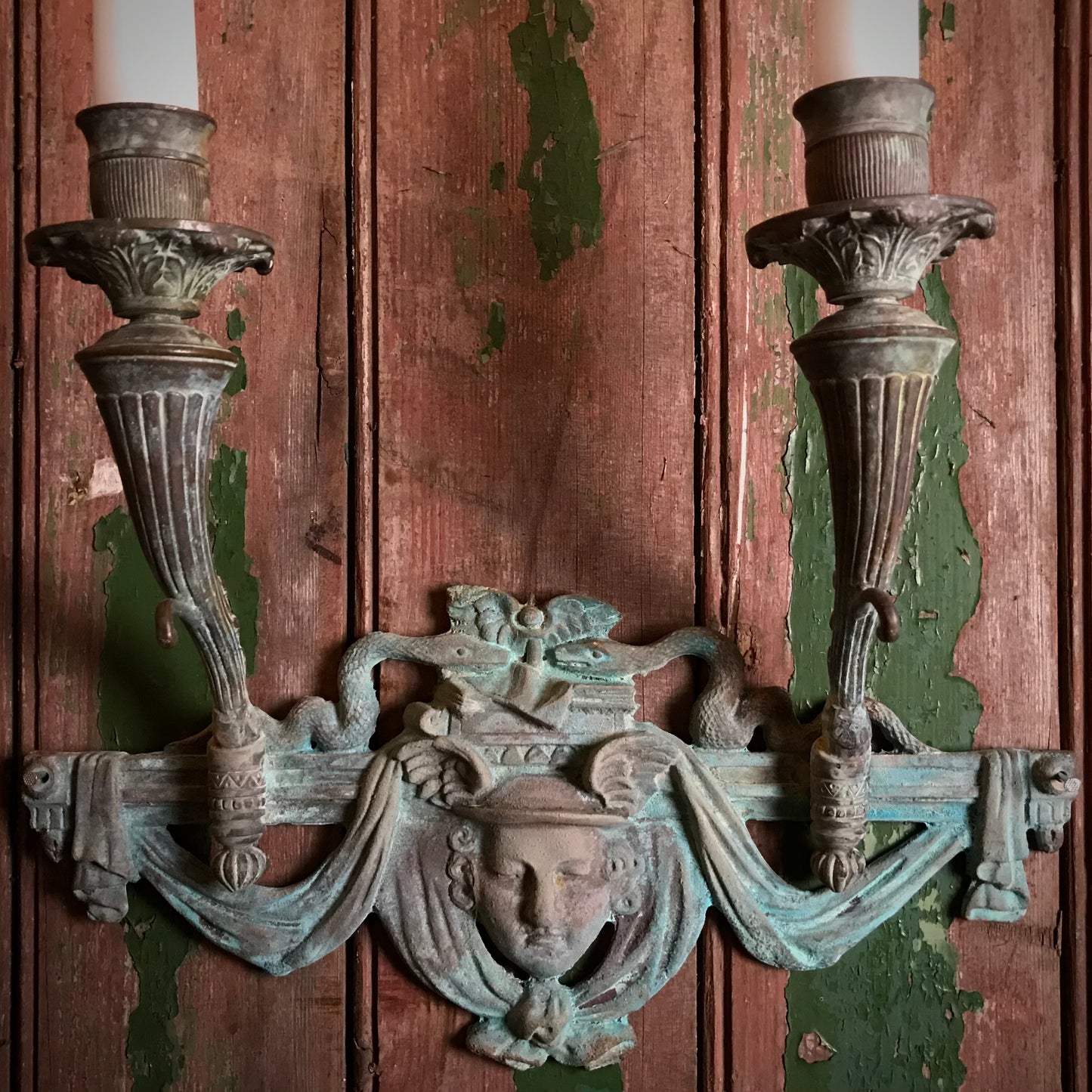 French Verdigris Bronze Mercury Wall Sconces Pair II