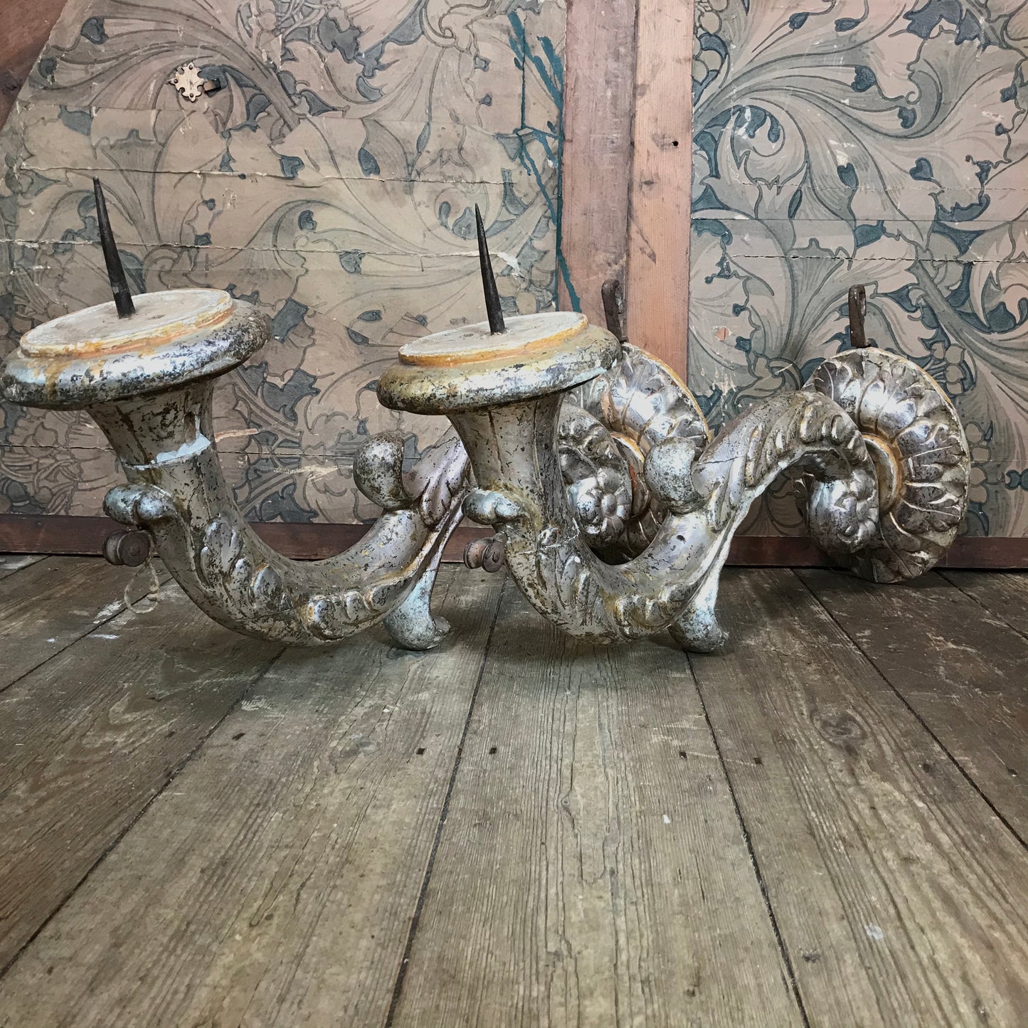 Pair of Italian Silver Leaf Pricket Wall Sconces c.1750