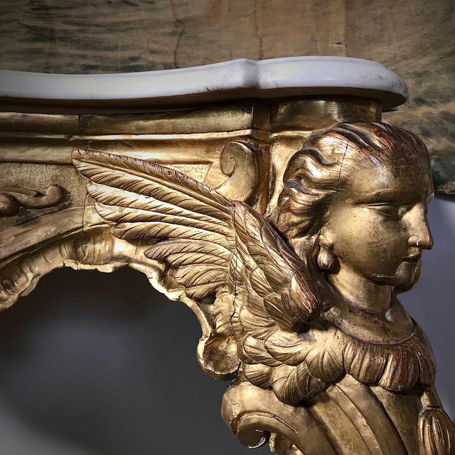 Large French Louis XV Style Giltwood Angel Console Table c.19th Century