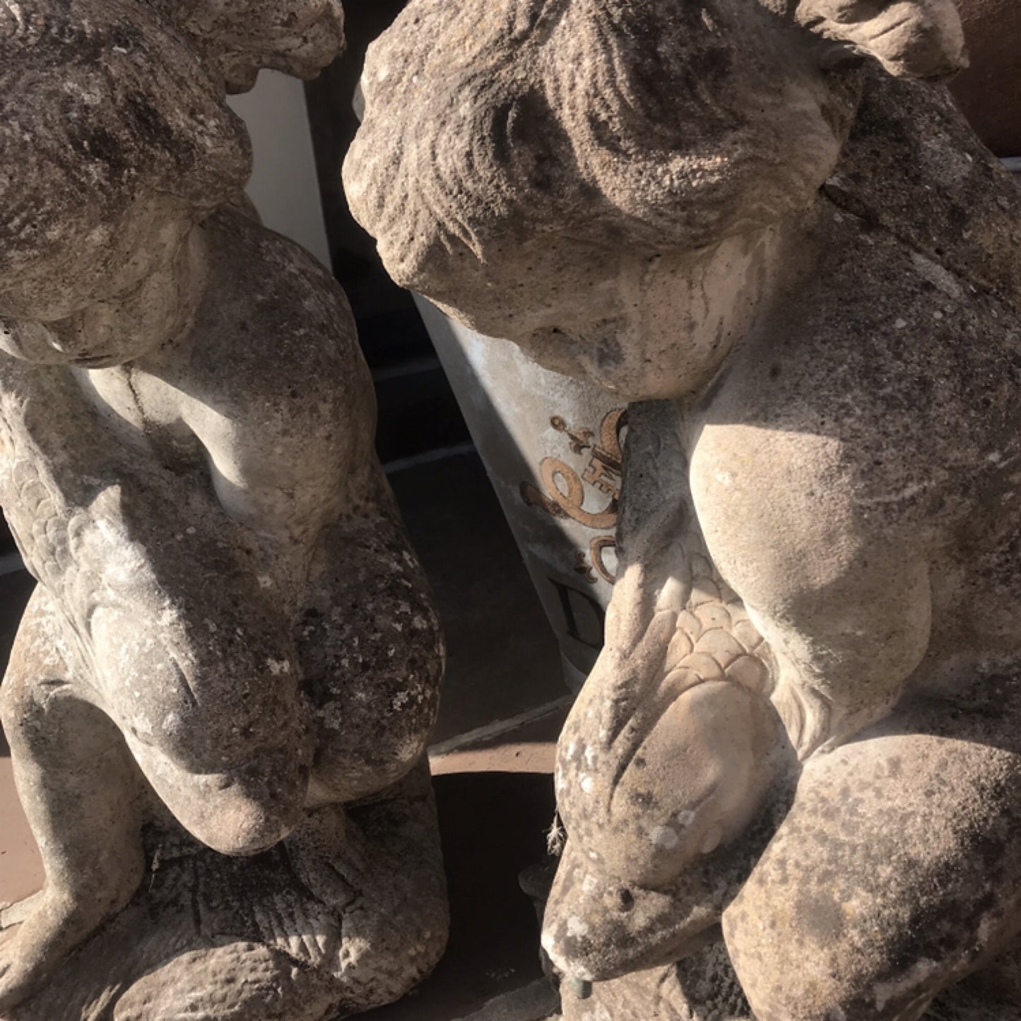 Pair of Putti/Cherub with Carp Fountain Heads