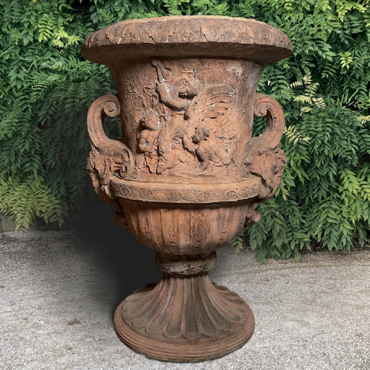 Giant Mythological Terracotta Urn with Winged Satyrs Masks