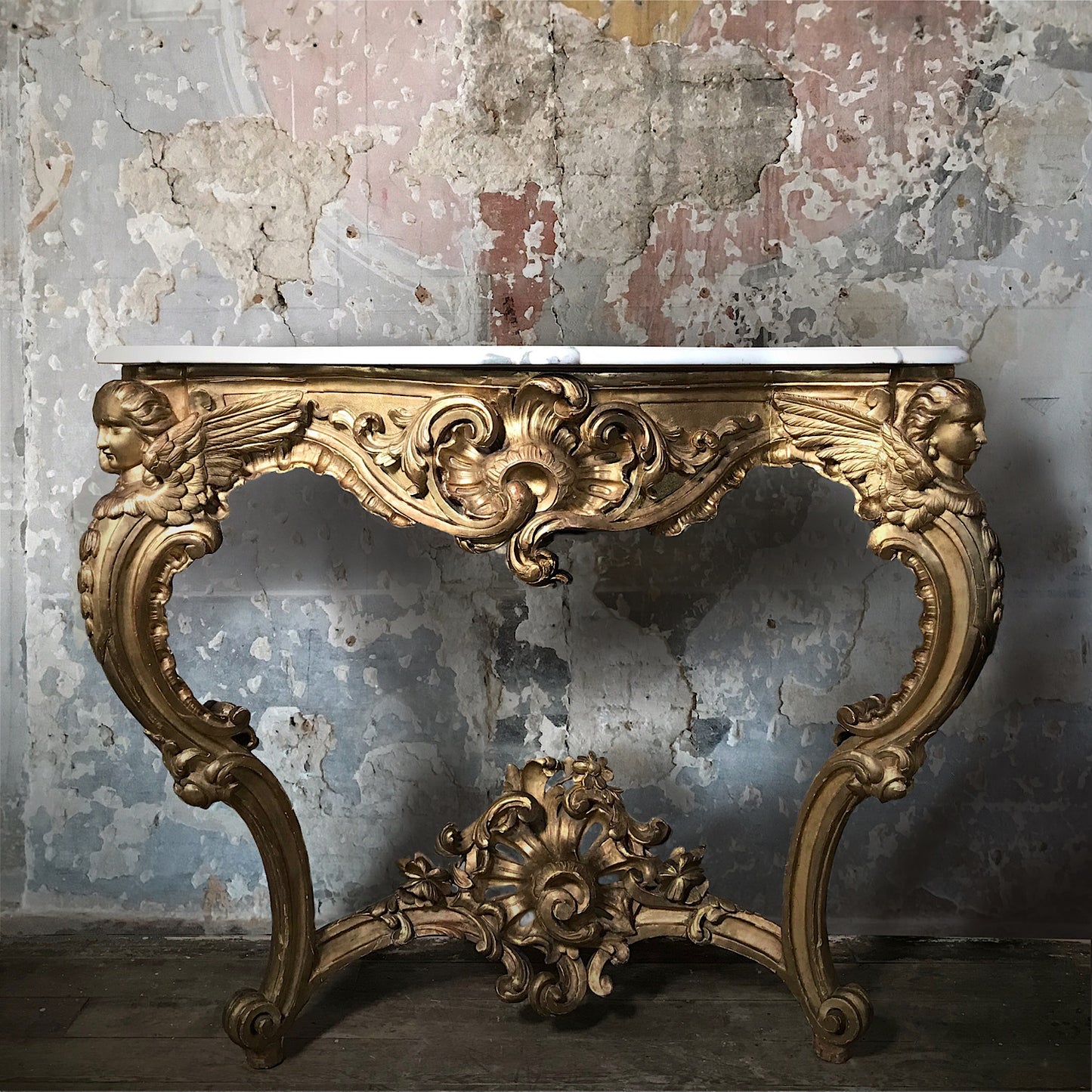 Large French Louis XV Style Giltwood Angel Console Table c.19th Century