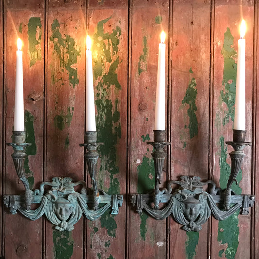 French Verdigris Bronze Mercury Wall Sconces