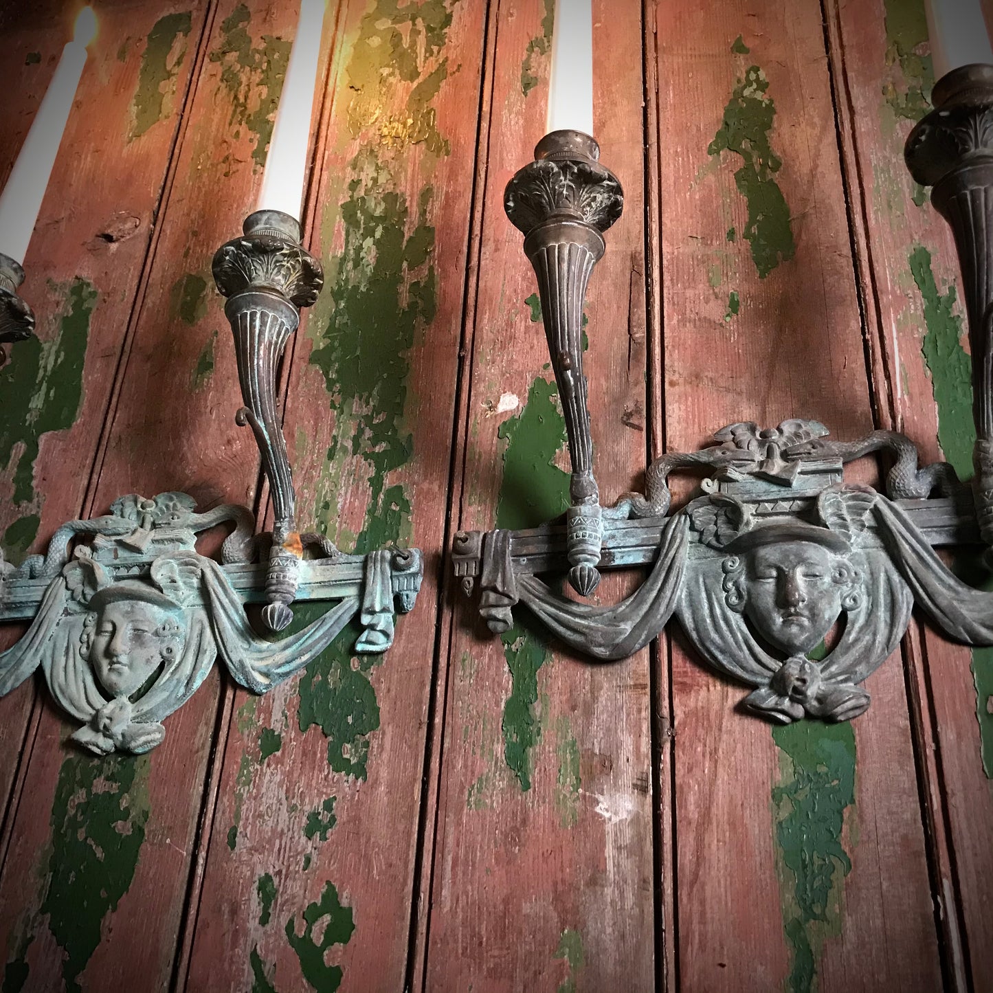 French Verdigris Bronze Mercury Wall Sconces