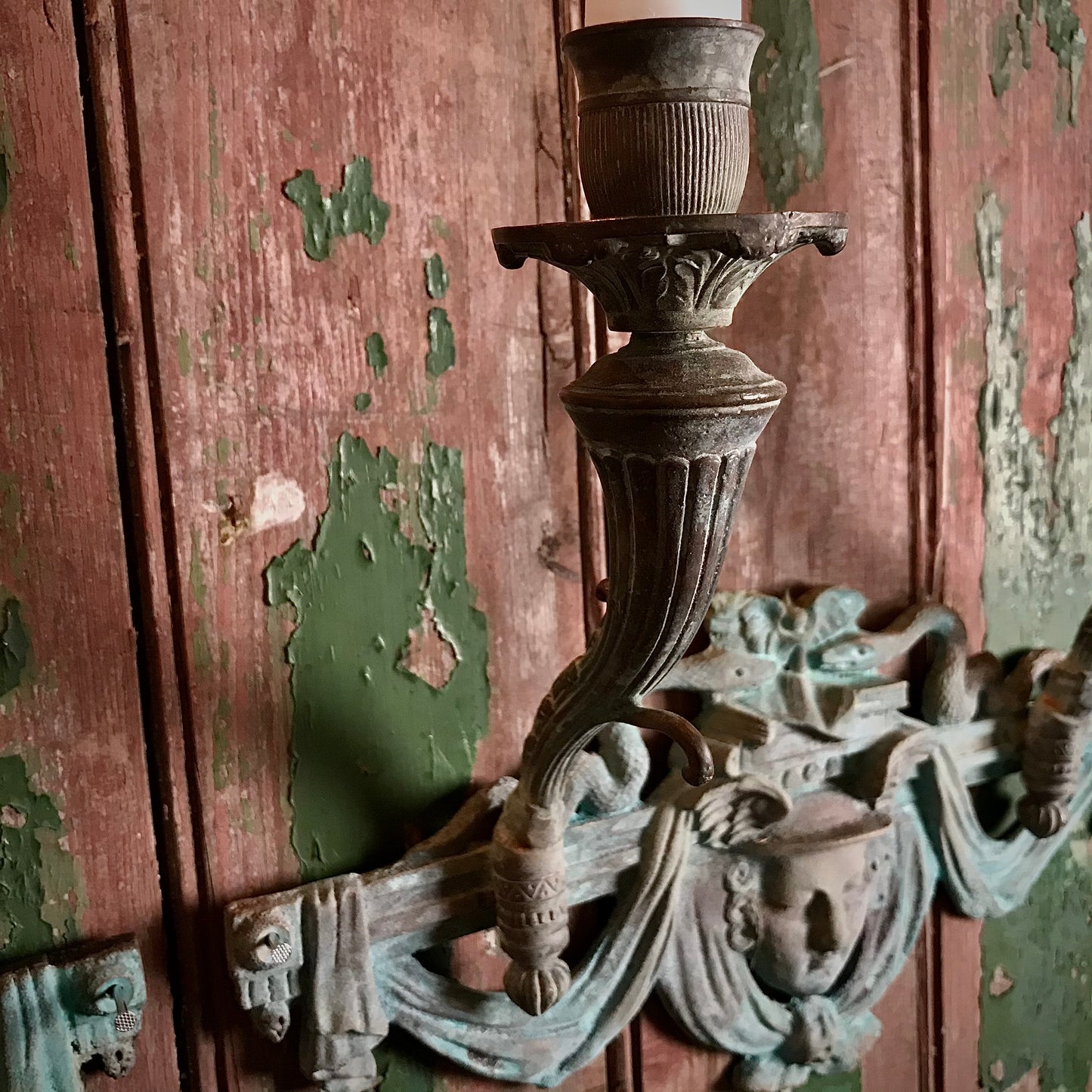 French Verdigris Bronze Mercury Wall Sconces Pair II