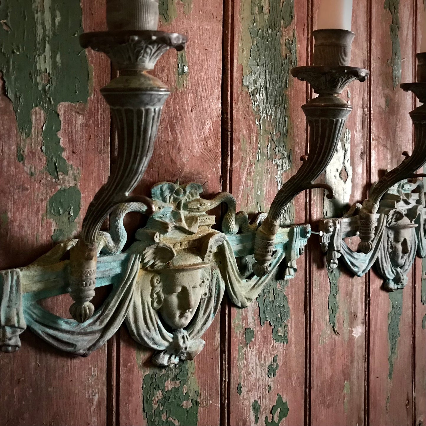 French Verdigris Bronze Mercury Wall Sconces Pair II