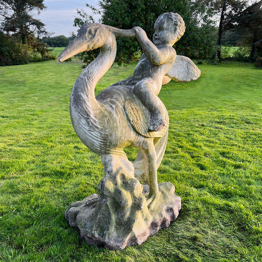 Large Marble Winged Cupid & Stork Statue Mid 20th Century